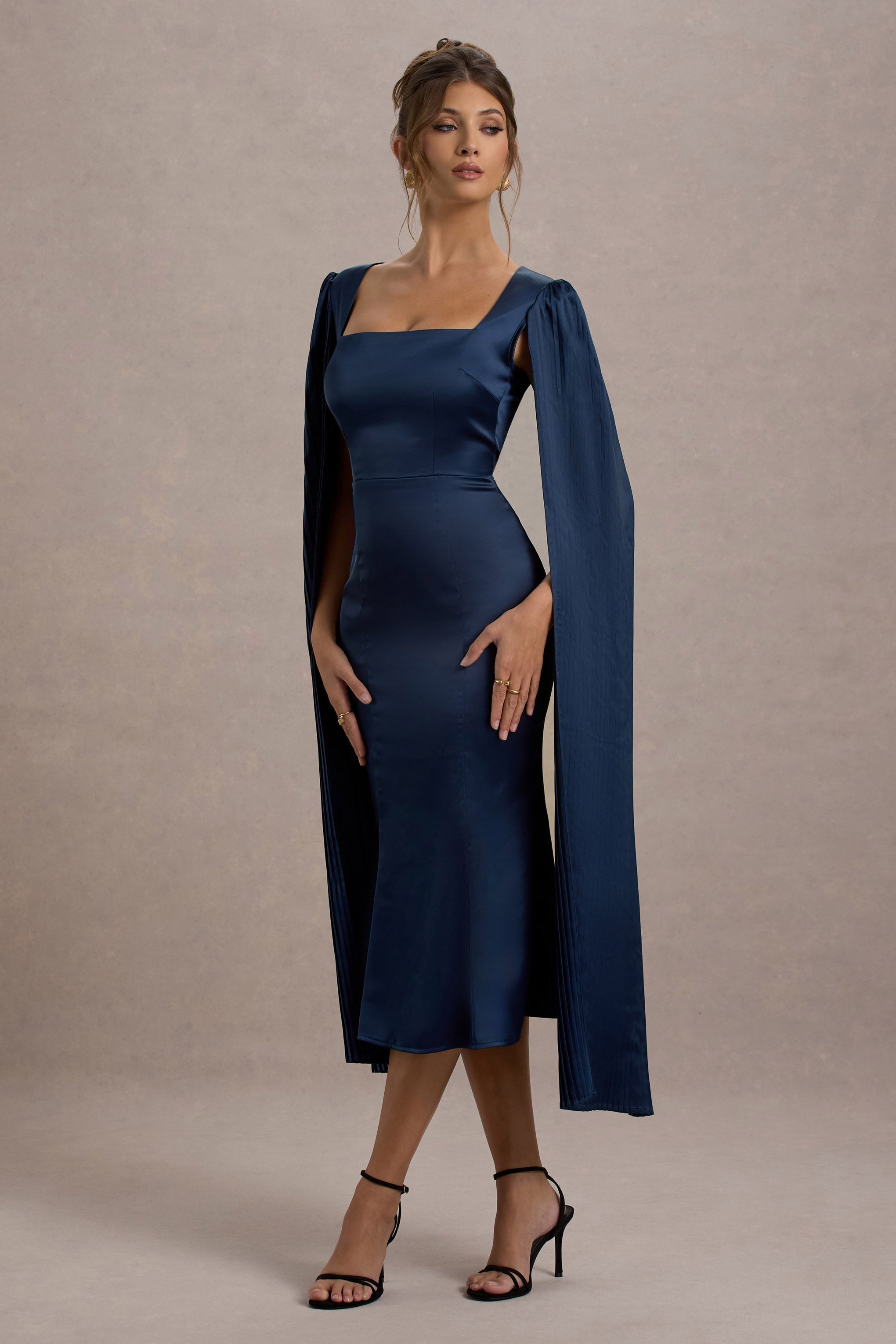 Nalda | Navy Square-Neck Midi Dress With Cape Sleeves