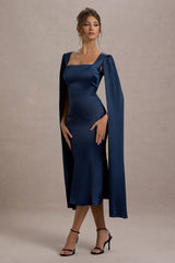 Nalda | Navy Square-Neck Midi Dress With Cape Sleeves