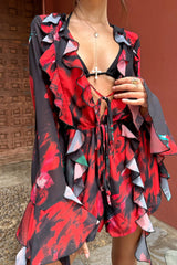Sauvage | Red & Black Floral Print Chiffon Ruffle Long Sleeve Playsuit