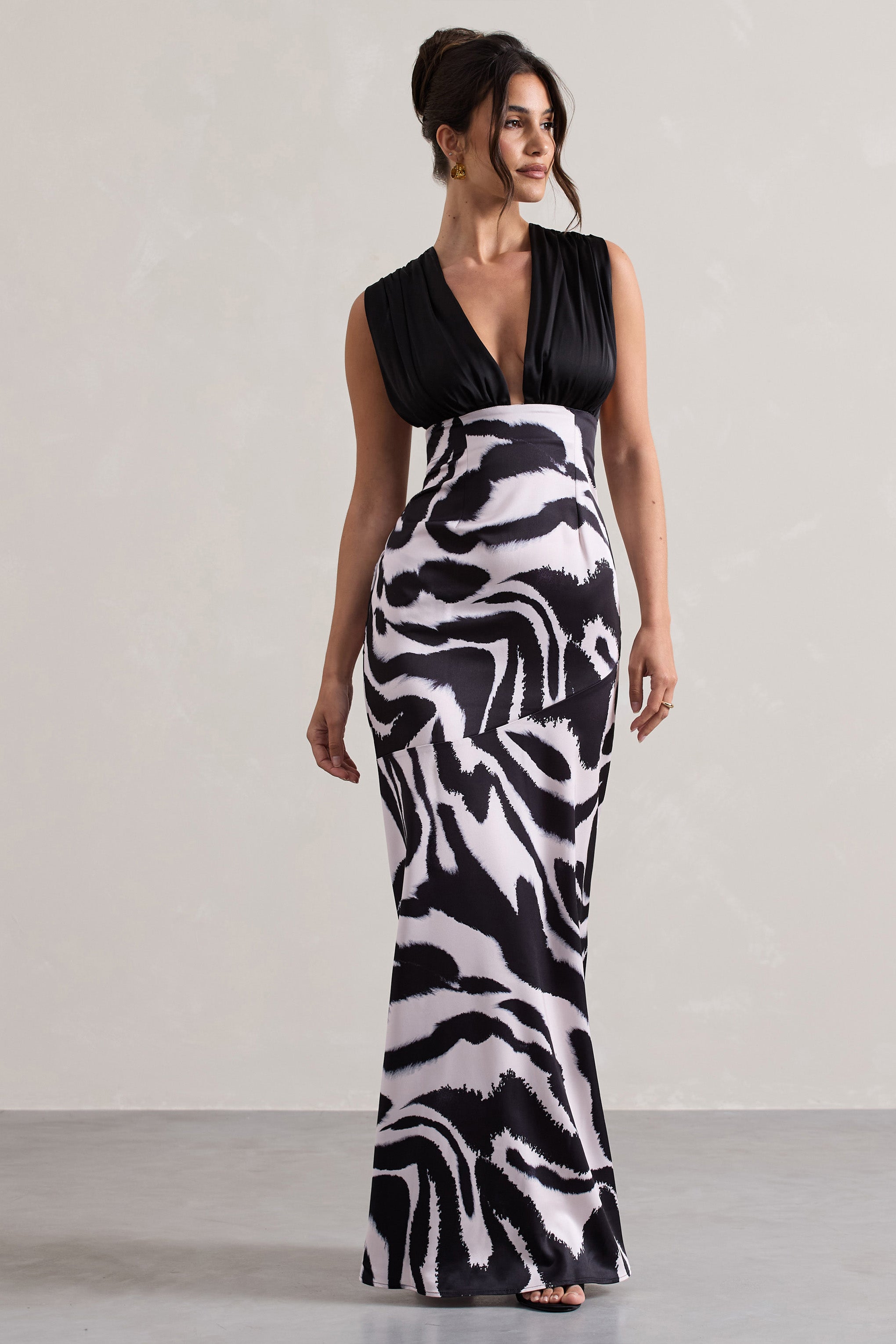 Azzara | Zebra Print Satin Ruched V-Neck Maxi Dress