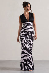 Azzara | Zebra Print Satin Ruched V-Neck Maxi Dress