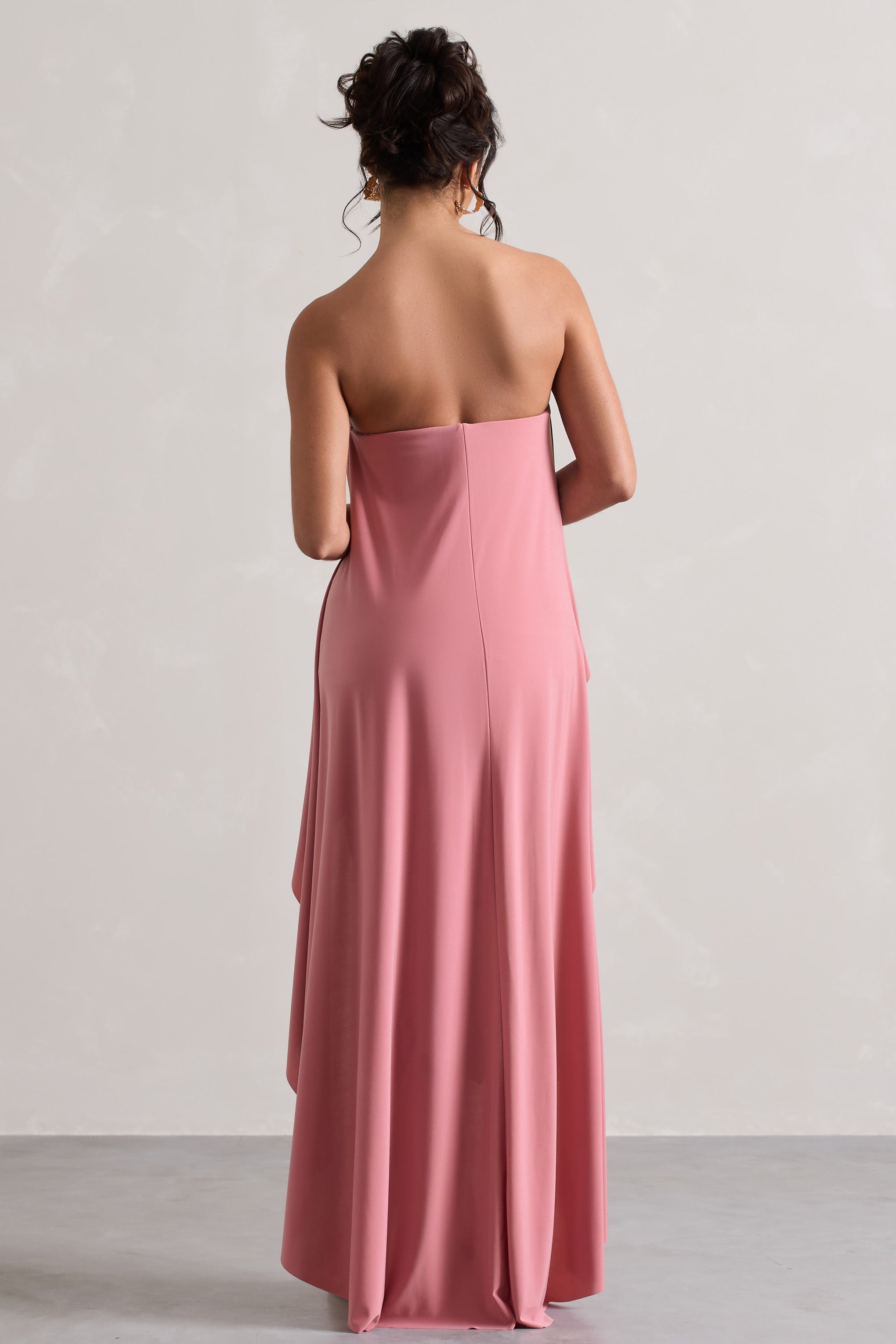 Upon A Time | Blush Ruched Bandeau Midi Dress With Cape