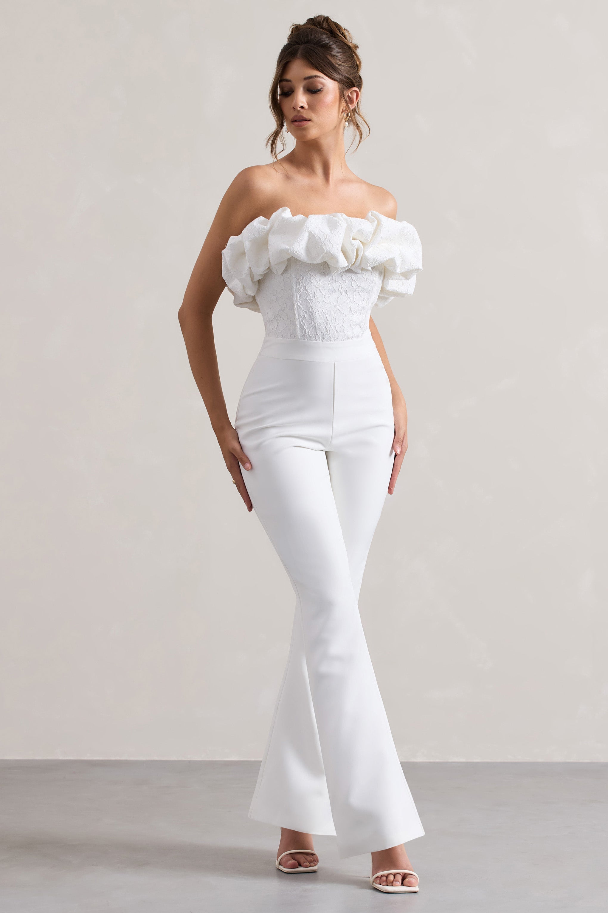 Maddox | White Strapless Ruffled Flared-Leg Jumpsuit