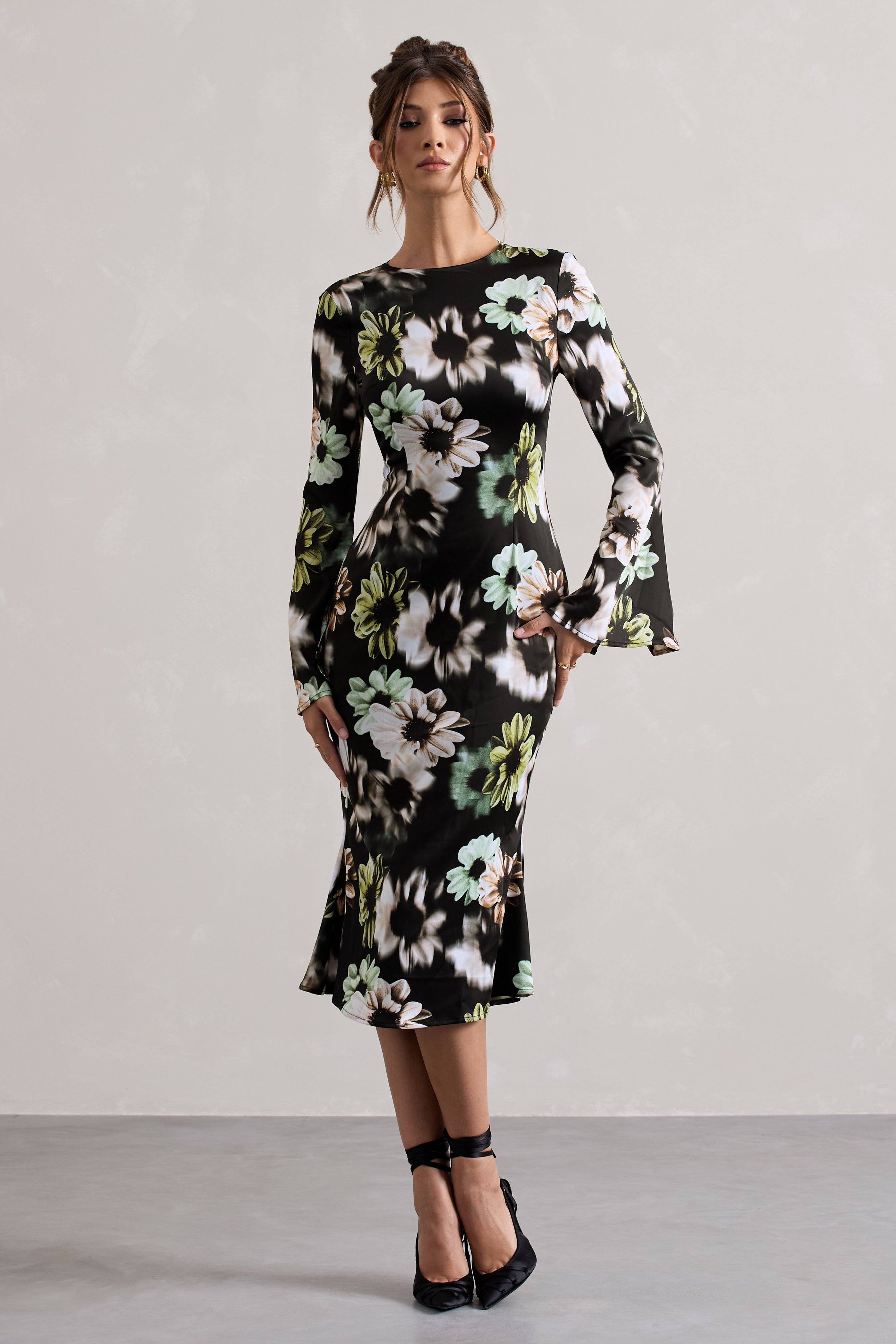 Arlitta | Black Floral Print Satin Long-Sleeve Midi Dress