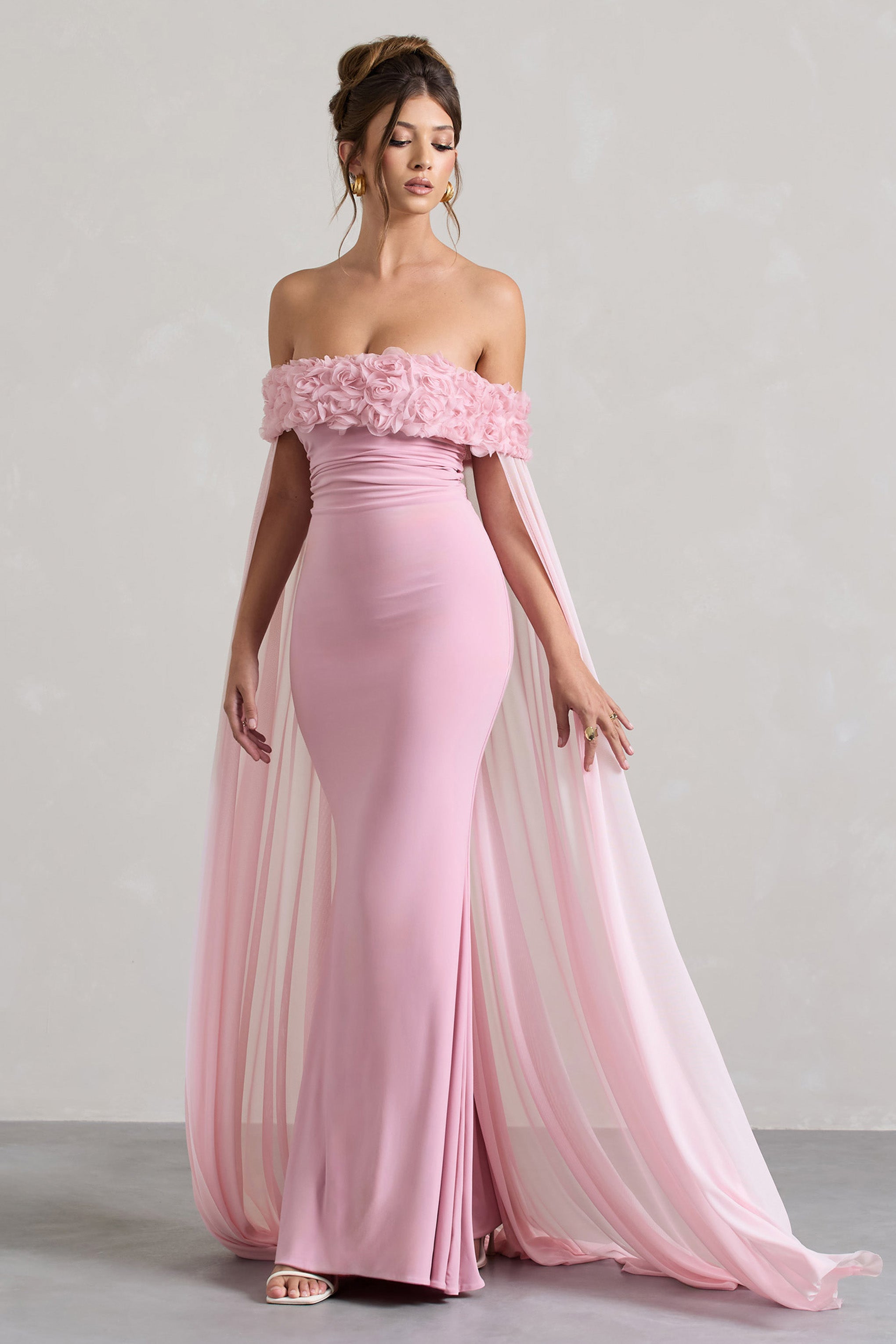Avant Garde | Blush Pink Floral Bardot Fishtail Maxi Dress With Mesh Cape