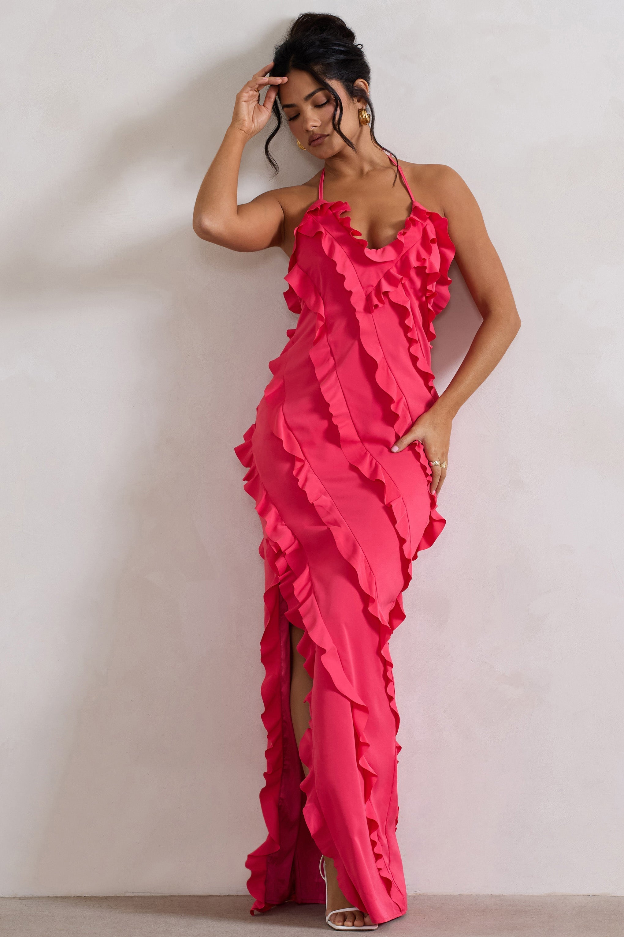 Full On | Hot Pink V-Neck Ruffle Maxi Dress