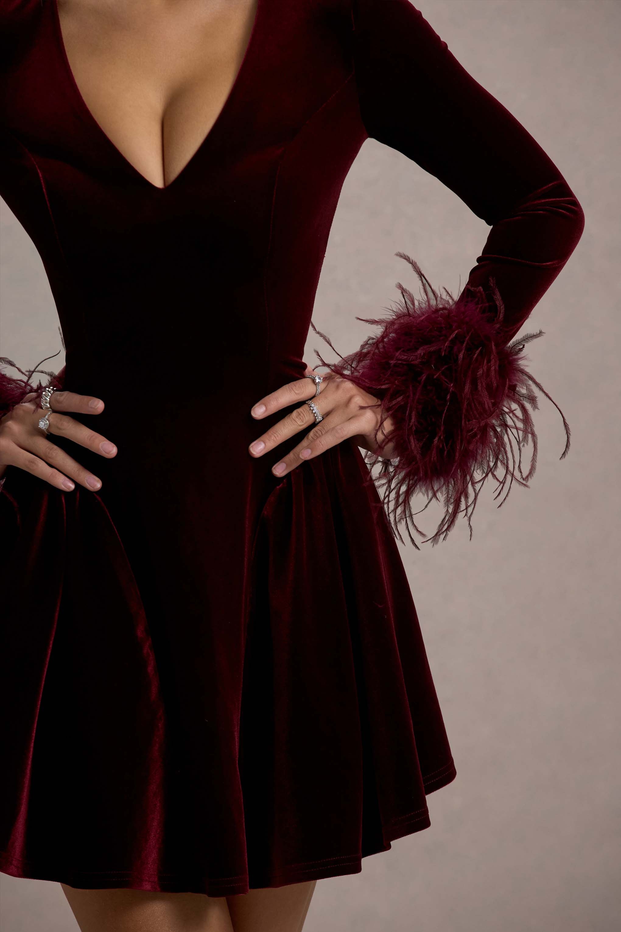 Pasilla | Port Velvet Plunge-Neck Feather Trim Mini Dress