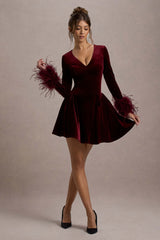 Pasilla | Port Velvet Plunge-Neck Feather Trim Mini Dress