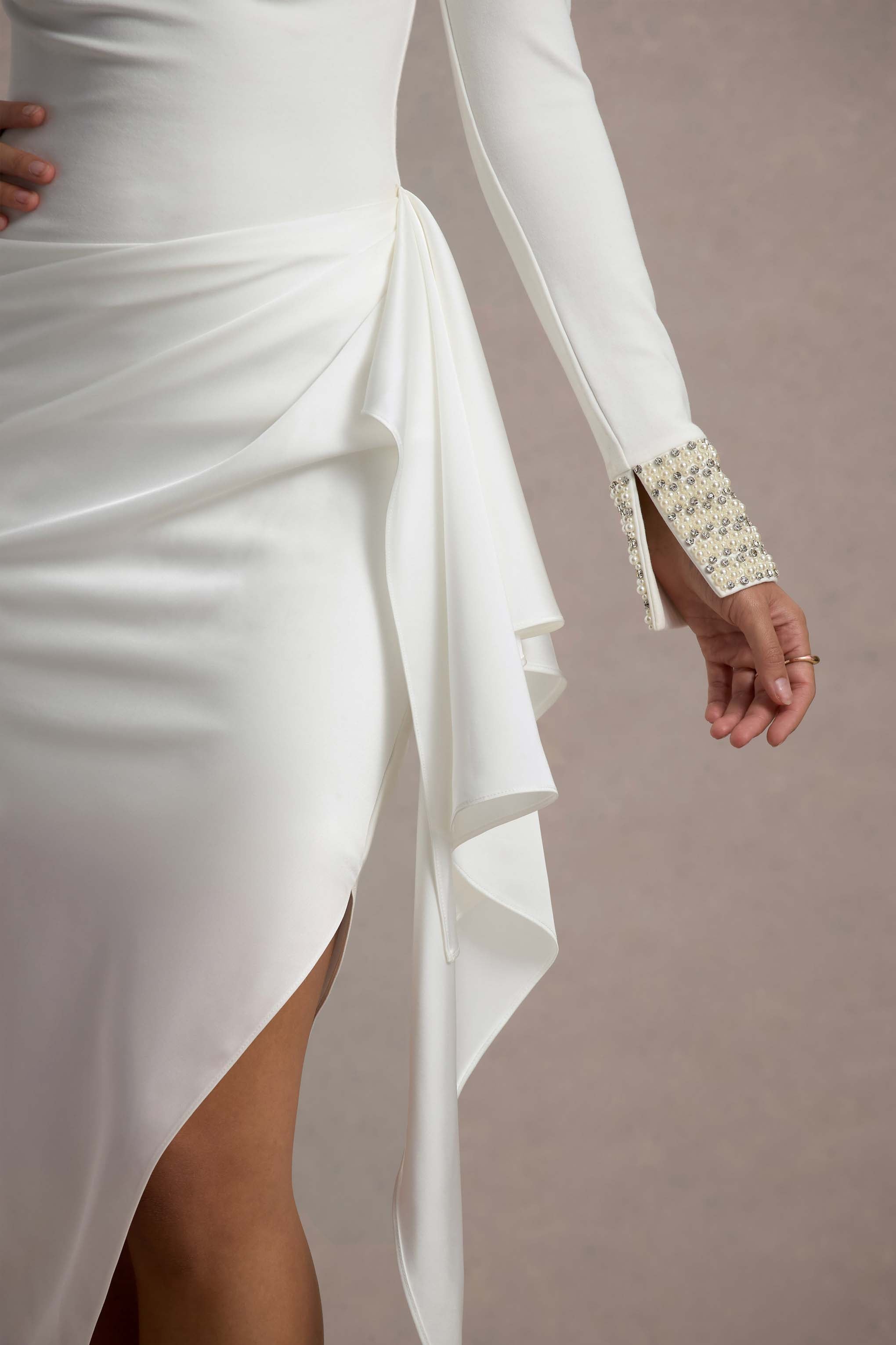 Luanna | Ecru Satin Long-Sleeve Midi Dress With Draped Skirt And Embellished Cuffs