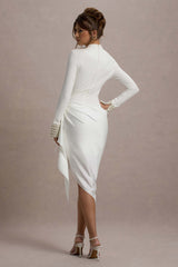 Luanna | Ecru Satin Long-Sleeve Midi Dress With Draped Skirt And Embellished Cuffs