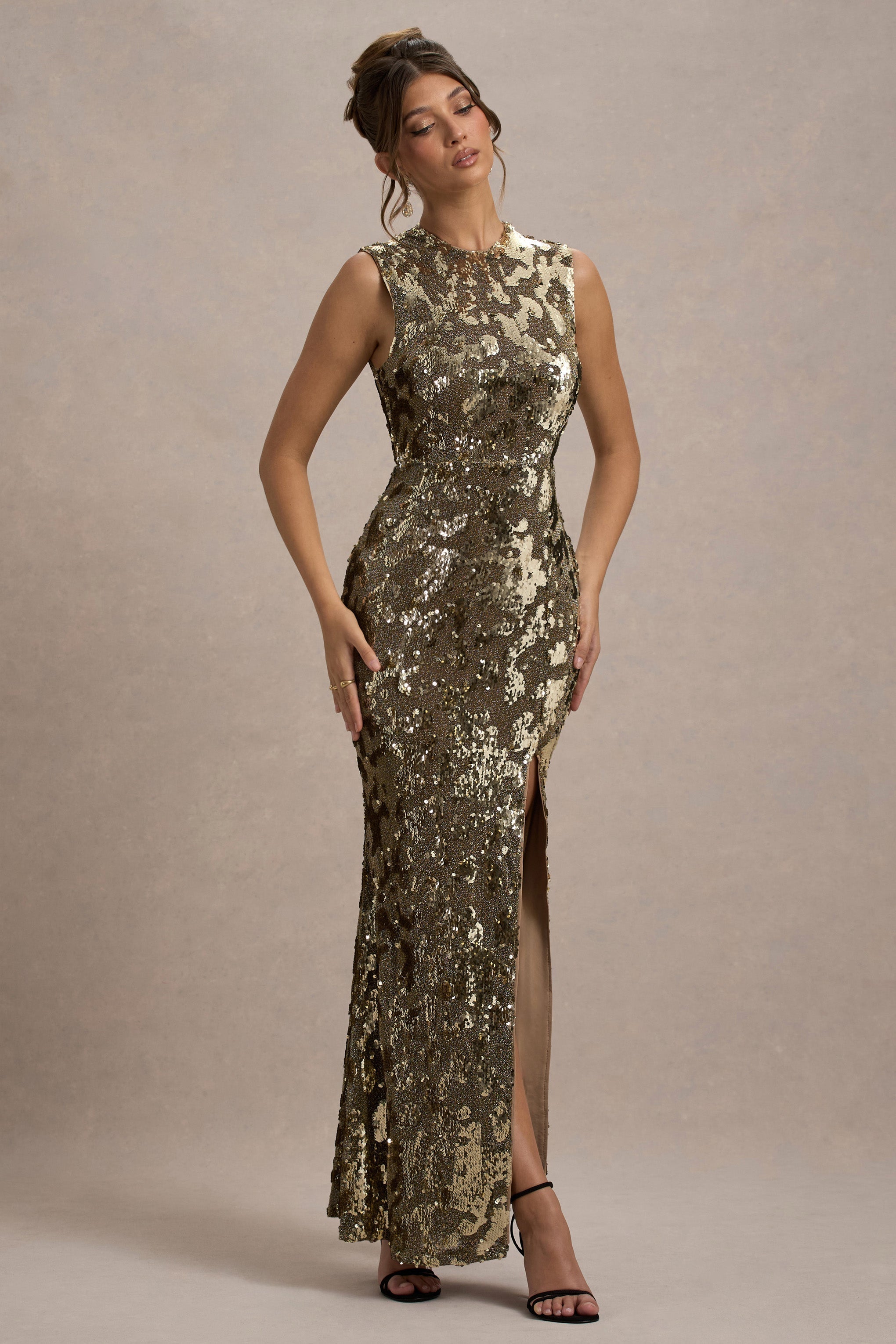 Cleopatra | Gold Sequin Split Maxi Dress