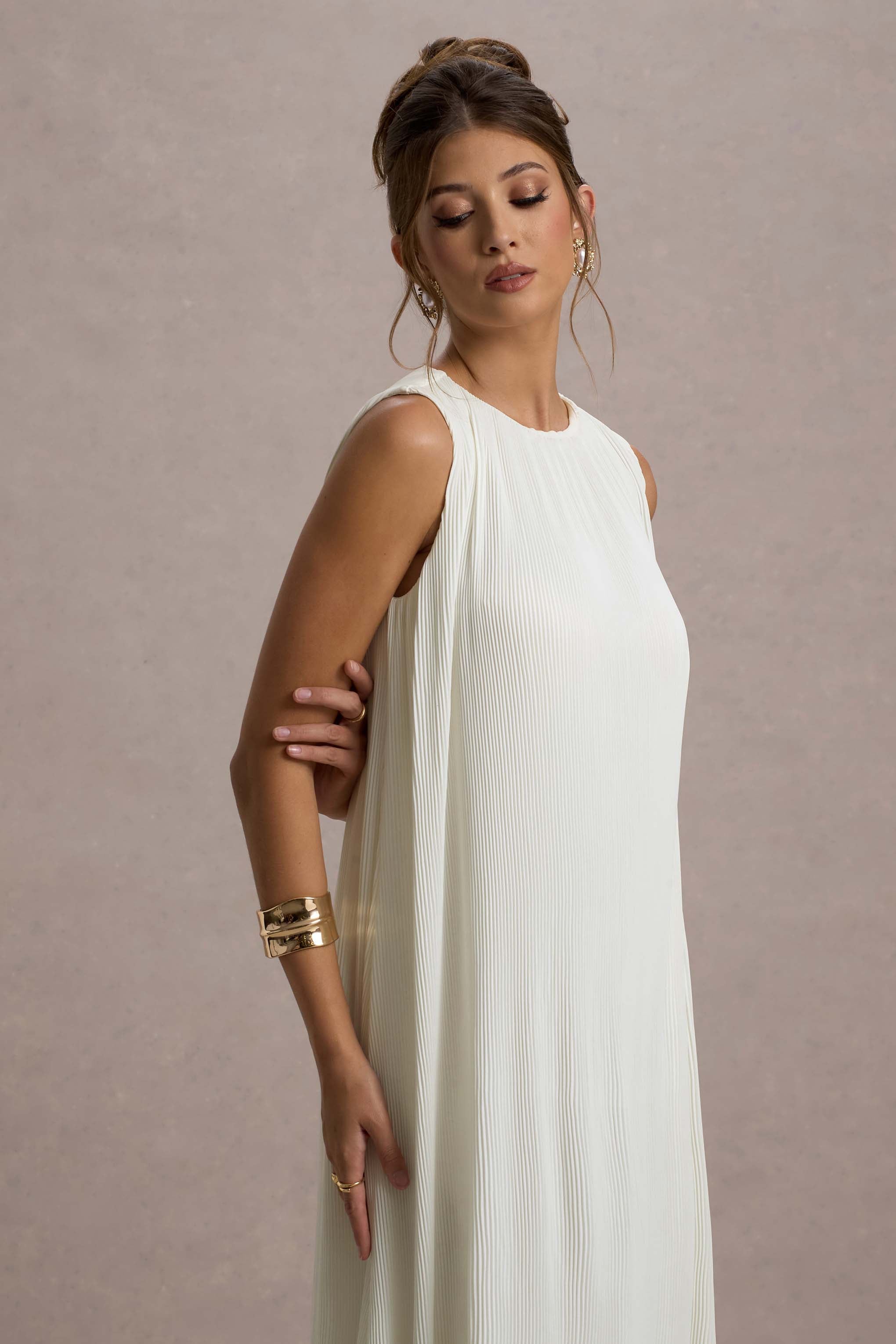 Hazelle | Cream Chiffon A-Line Ruffled Maxi Dress