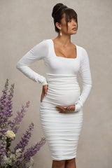New Life | White Maternity Square Neck Ruched Midi Dress