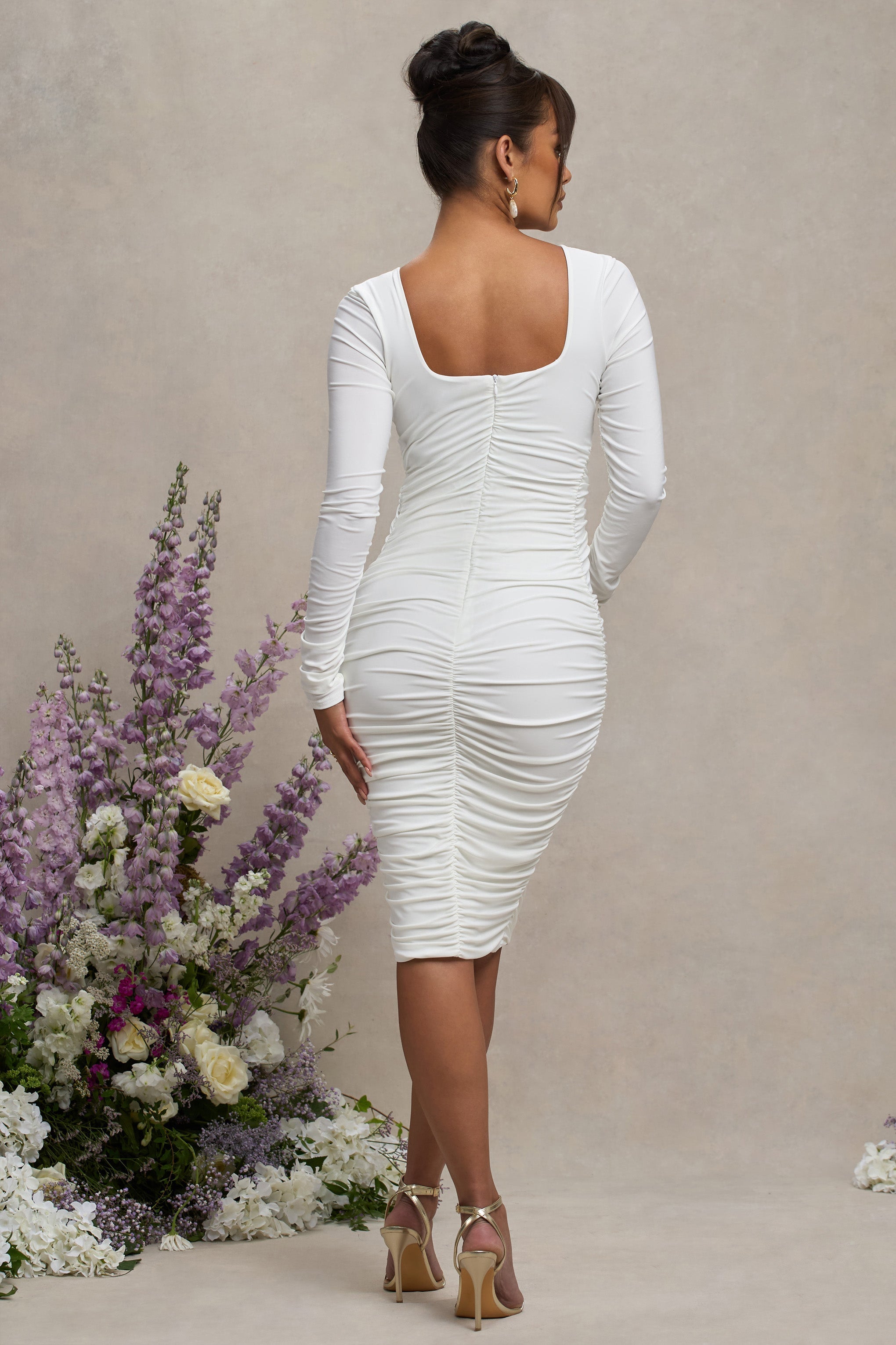 New Life | White Maternity Square Neck Ruched Midi Dress