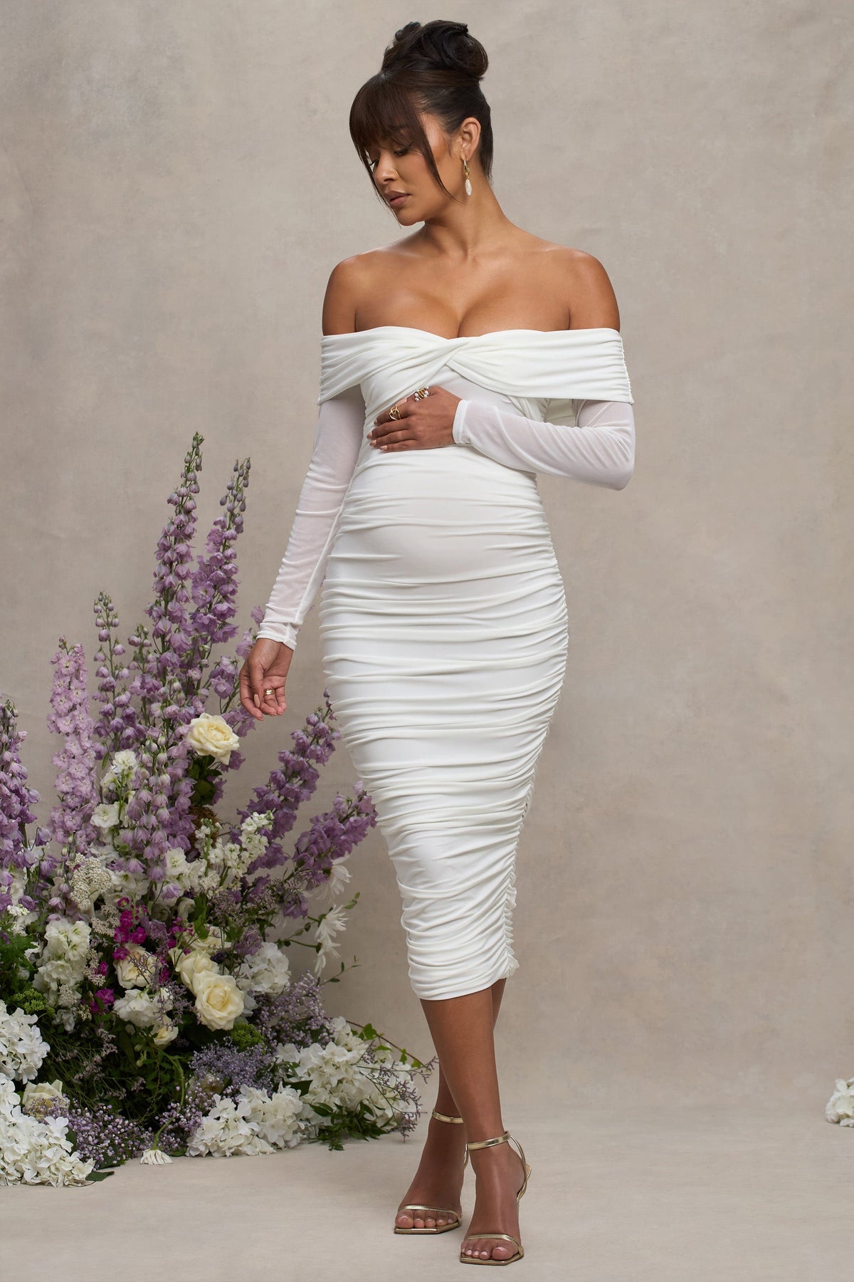 Neva | White Bardot Twist Maternity Midi Dress