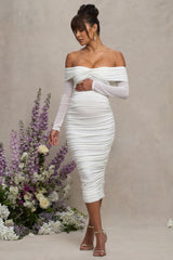 Neva | White Bardot Twist Maternity Midi Dress