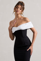 Pearl | Black Twisted Bardot Tailored Midi Dress