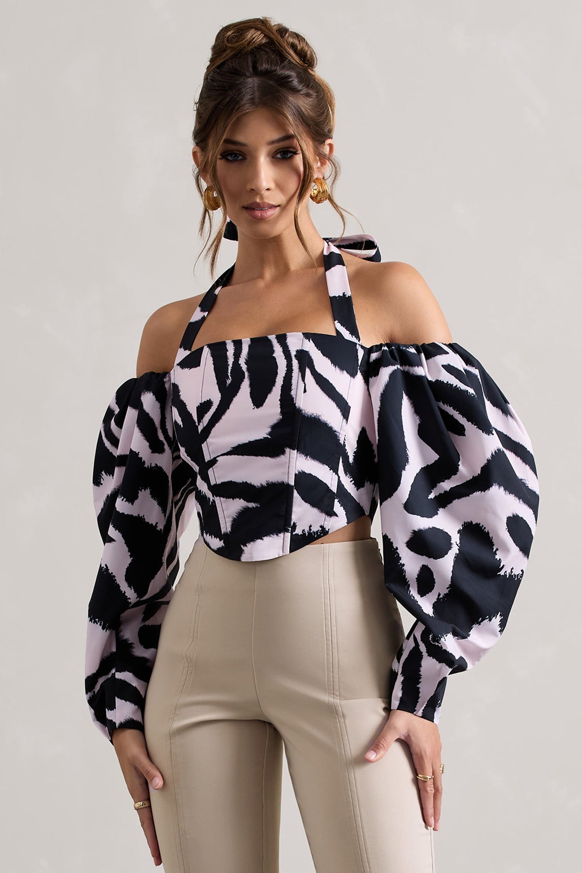Theatric | Zebra Print Halter-Neck Corset Top With Puff-Sleeves