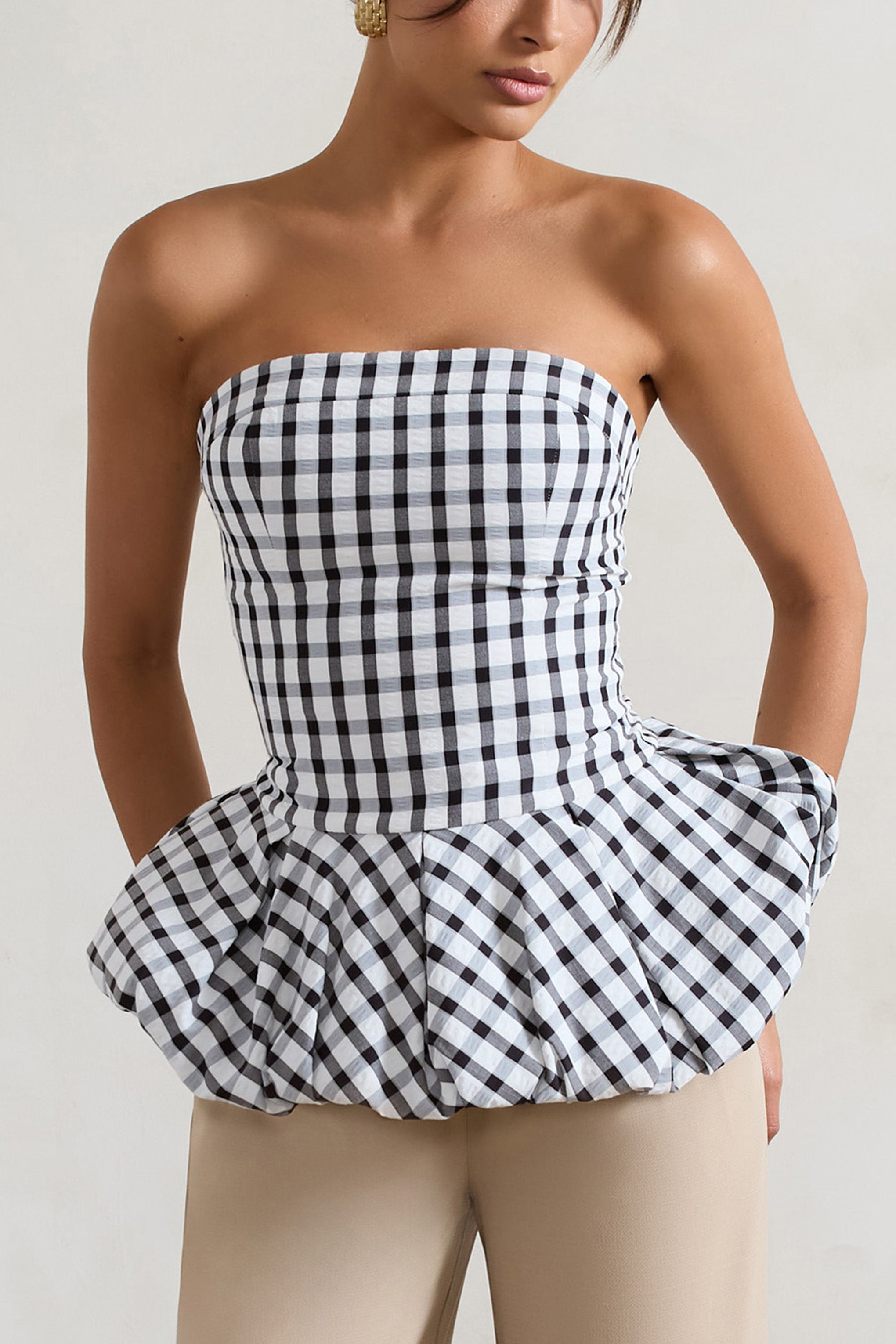 Roll With It | Black & White Gingham Bandeau Ruffle Top