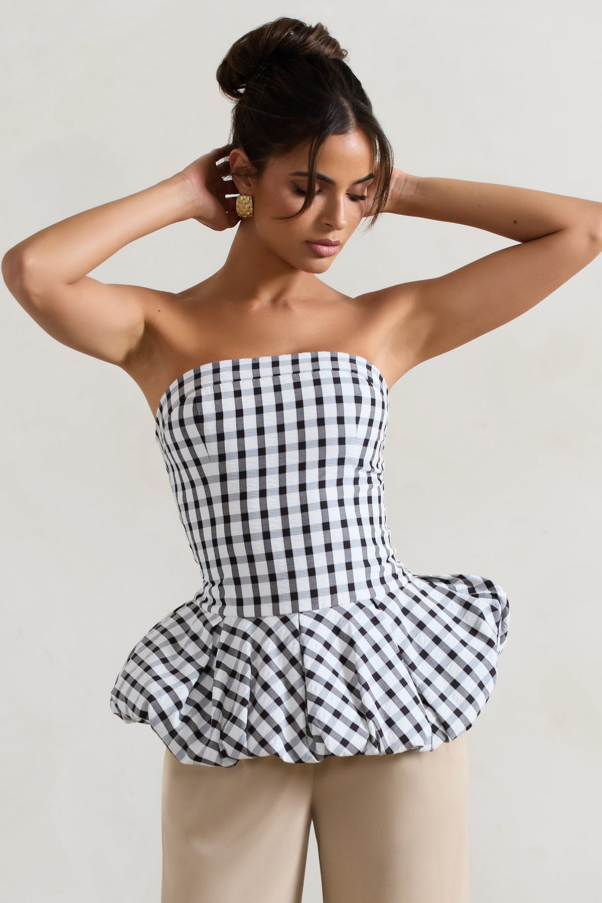 Roll With It | Black & White Gingham Bandeau Ruffle Top