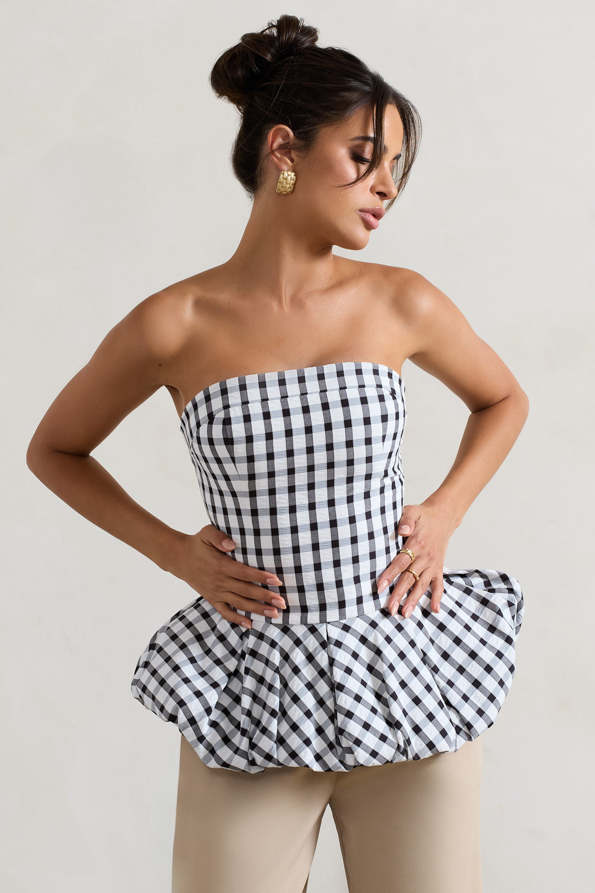Roll With It | Black & White Gingham Bandeau Ruffle Top