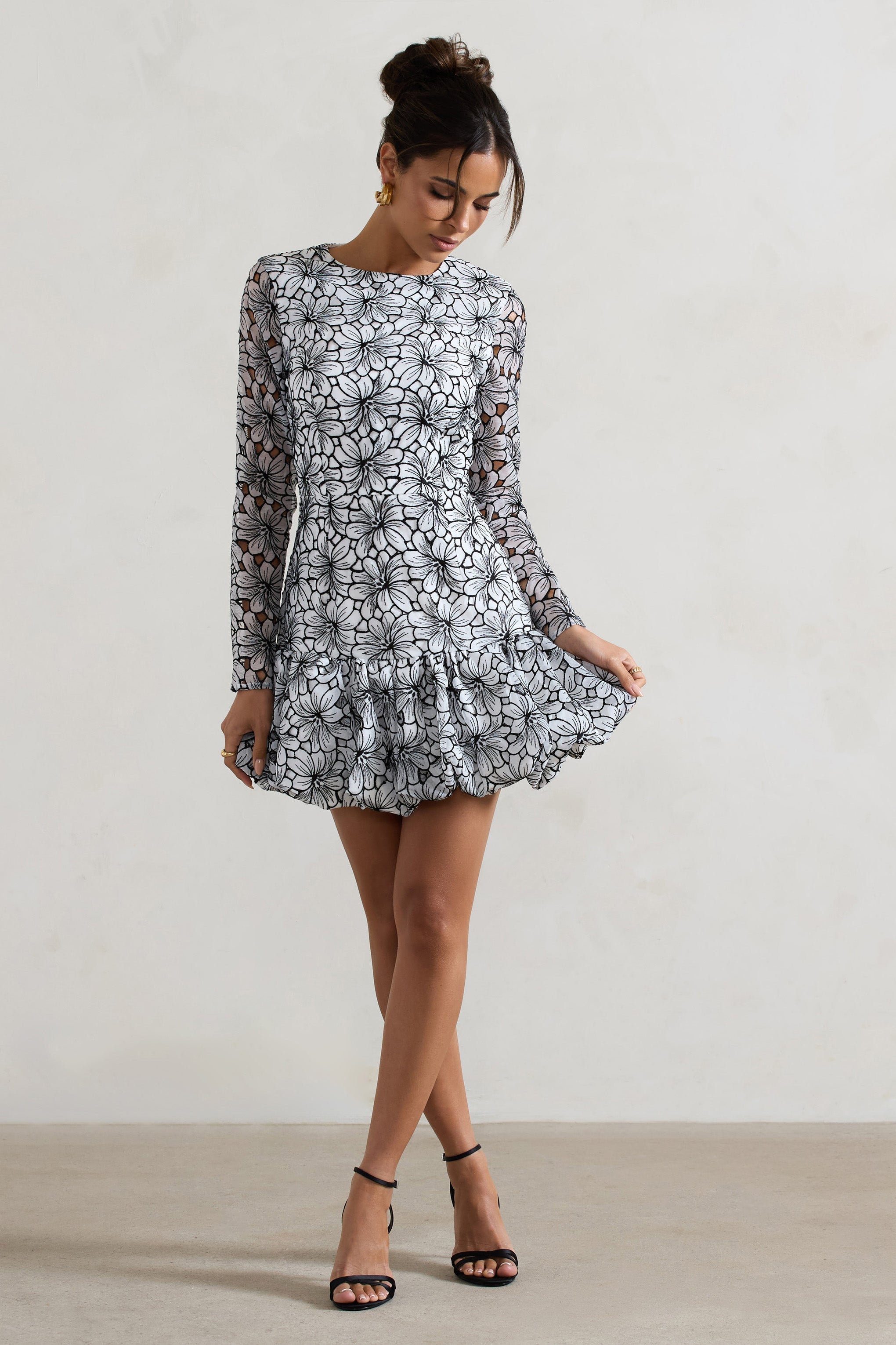 Claribel | Black & White Lace Long-Sleeve Mini Dress With Ruffle Hem