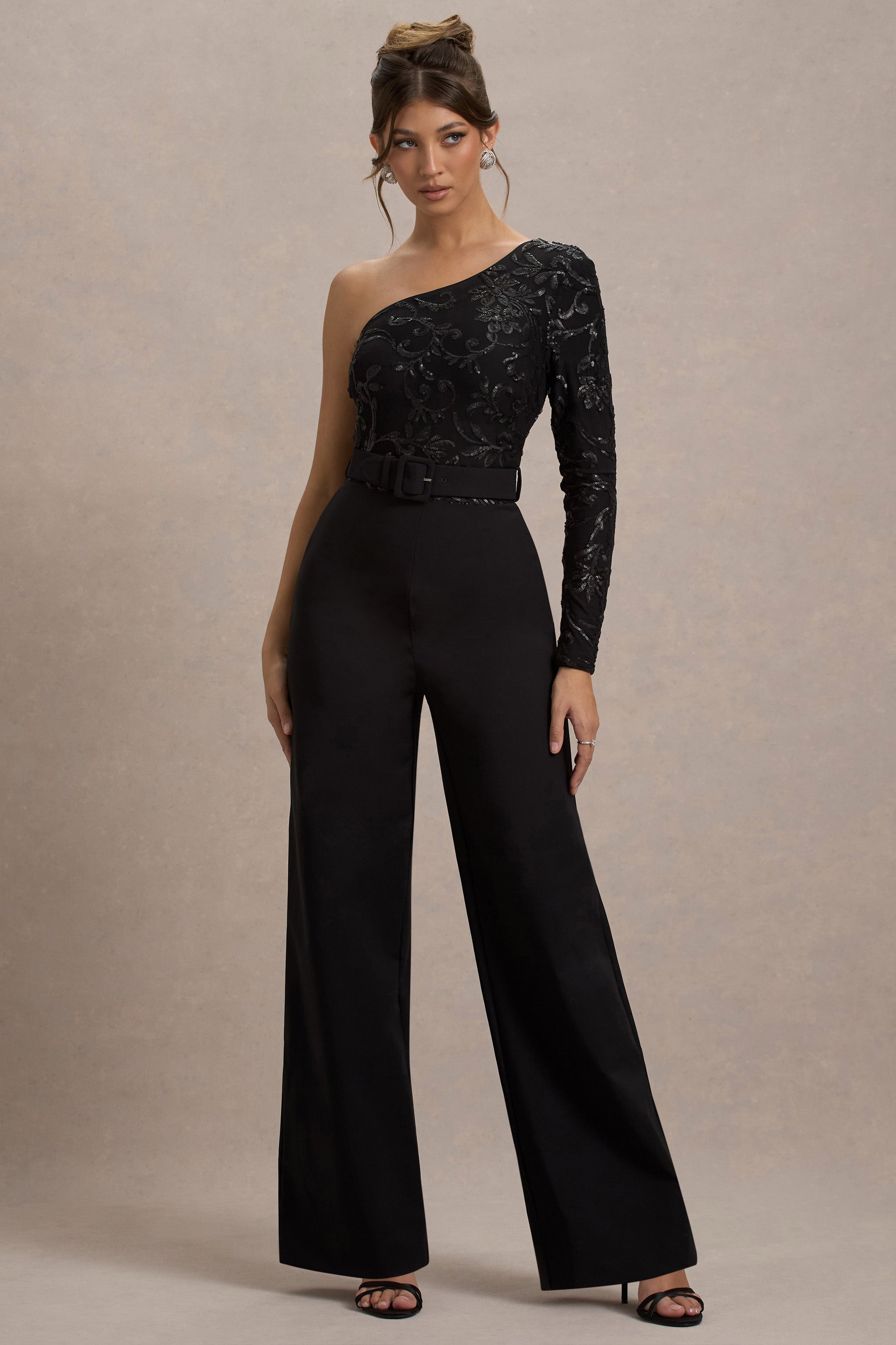 Upgrade | Black Lace Asymmetric Belted Wide-Leg Jumpsuit