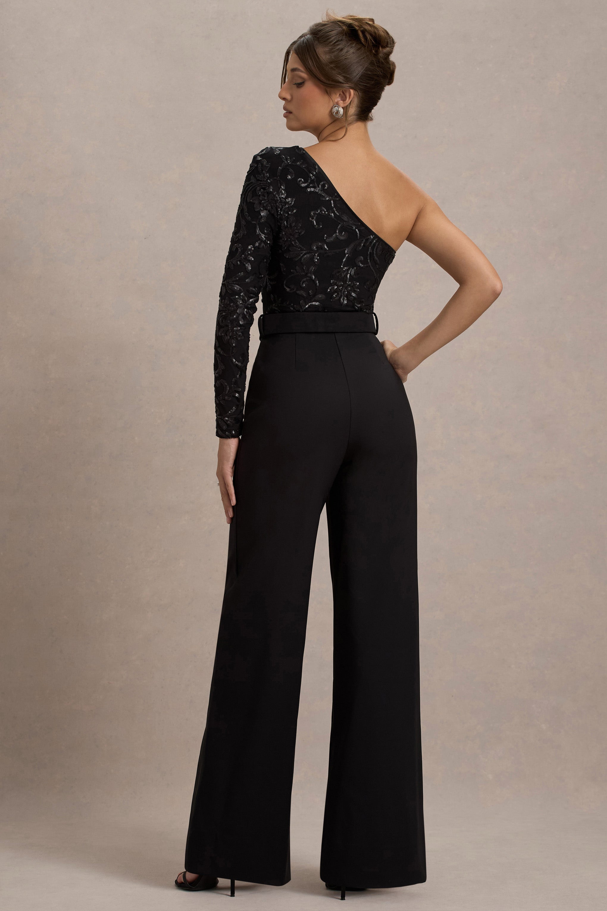 Upgrade | Black Lace Asymmetric Belted Wide-Leg Jumpsuit