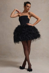 Peaches | Black Strapless Mini Dress With Volume Feather Hem