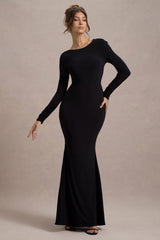 Rosalee | Black Long-Sleeve Cowl-Back Maxi Dress With Bows