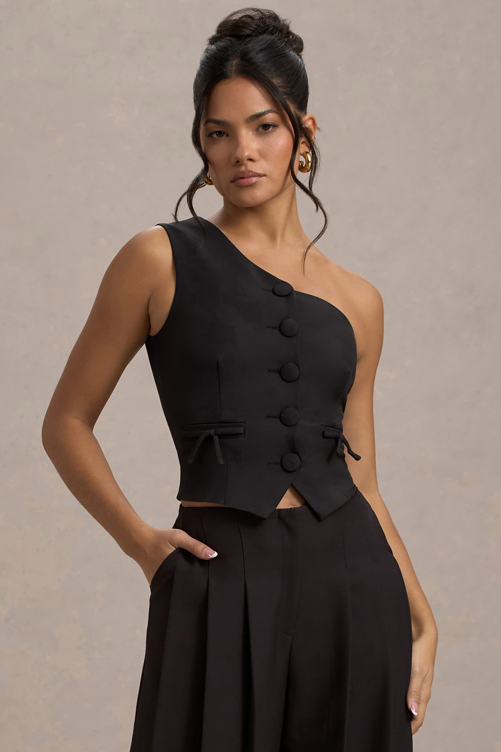 Lelia | Black One Shoulder Tailored Top With Bows