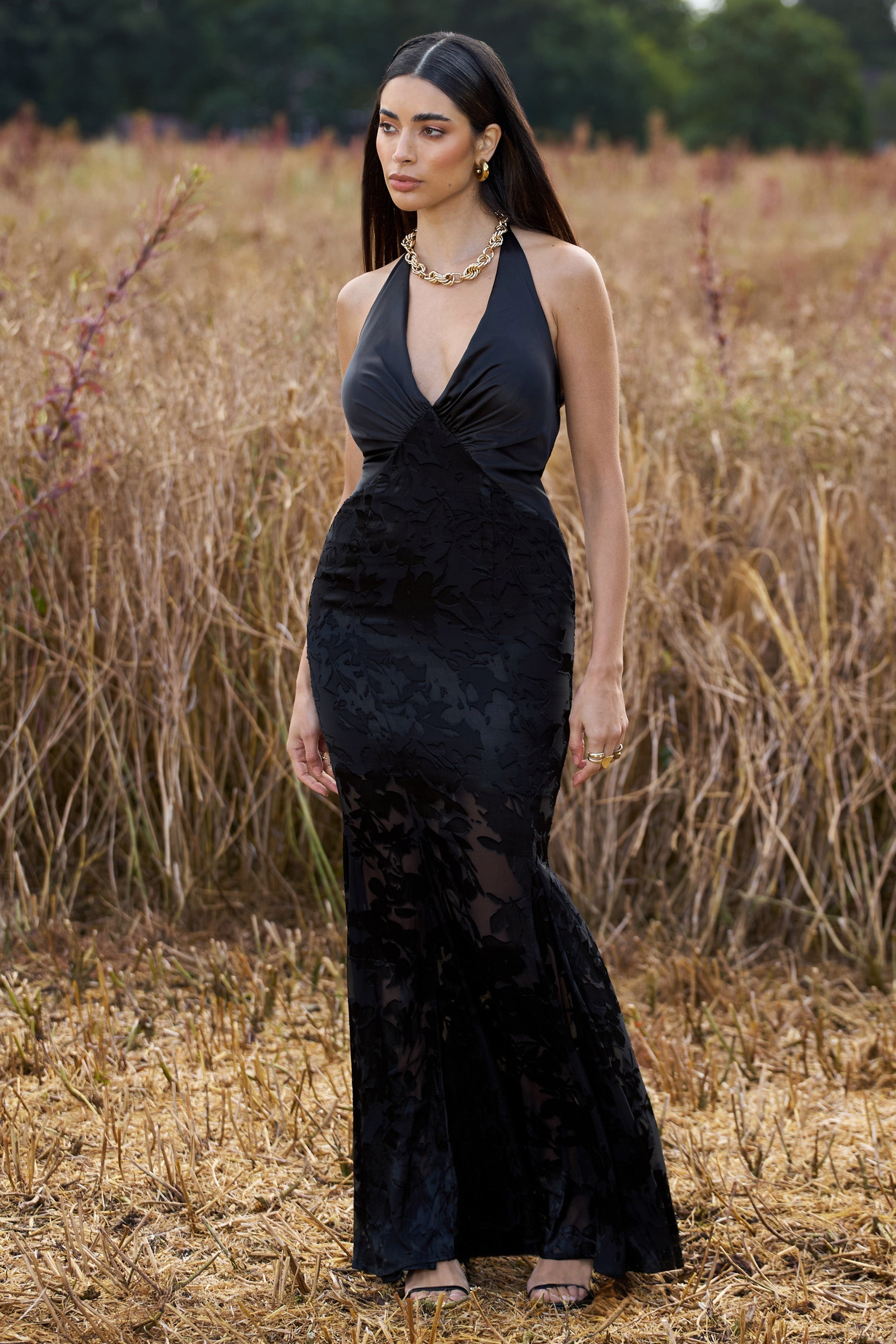 Sunset Tales | Black Satin Devore Plunge-Neck  Maxi Dress