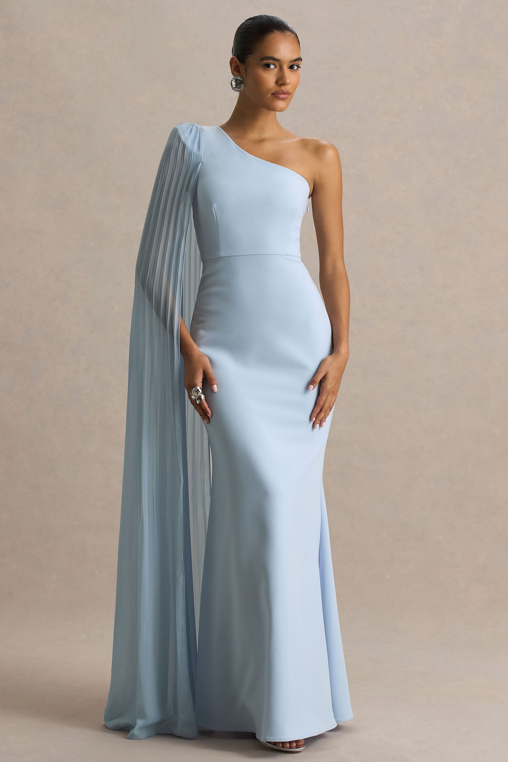Athens | Powder Blue Asymmetric-Neck Maxi Dress With Cape Sleeve Detail