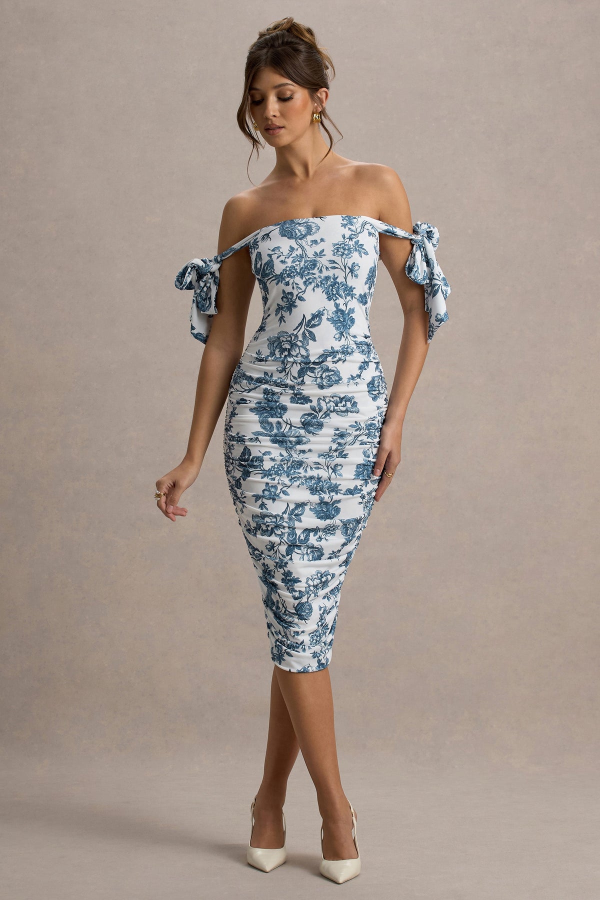 Citrus | Blue Porcelain Print Bardot Bodycon Midi Dress With Bow Sleeves
