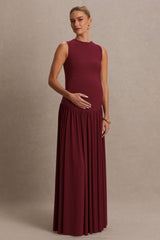 Outline | Burgundy Crew-Neck Maternity Maxi Dress With Pleated Skirt