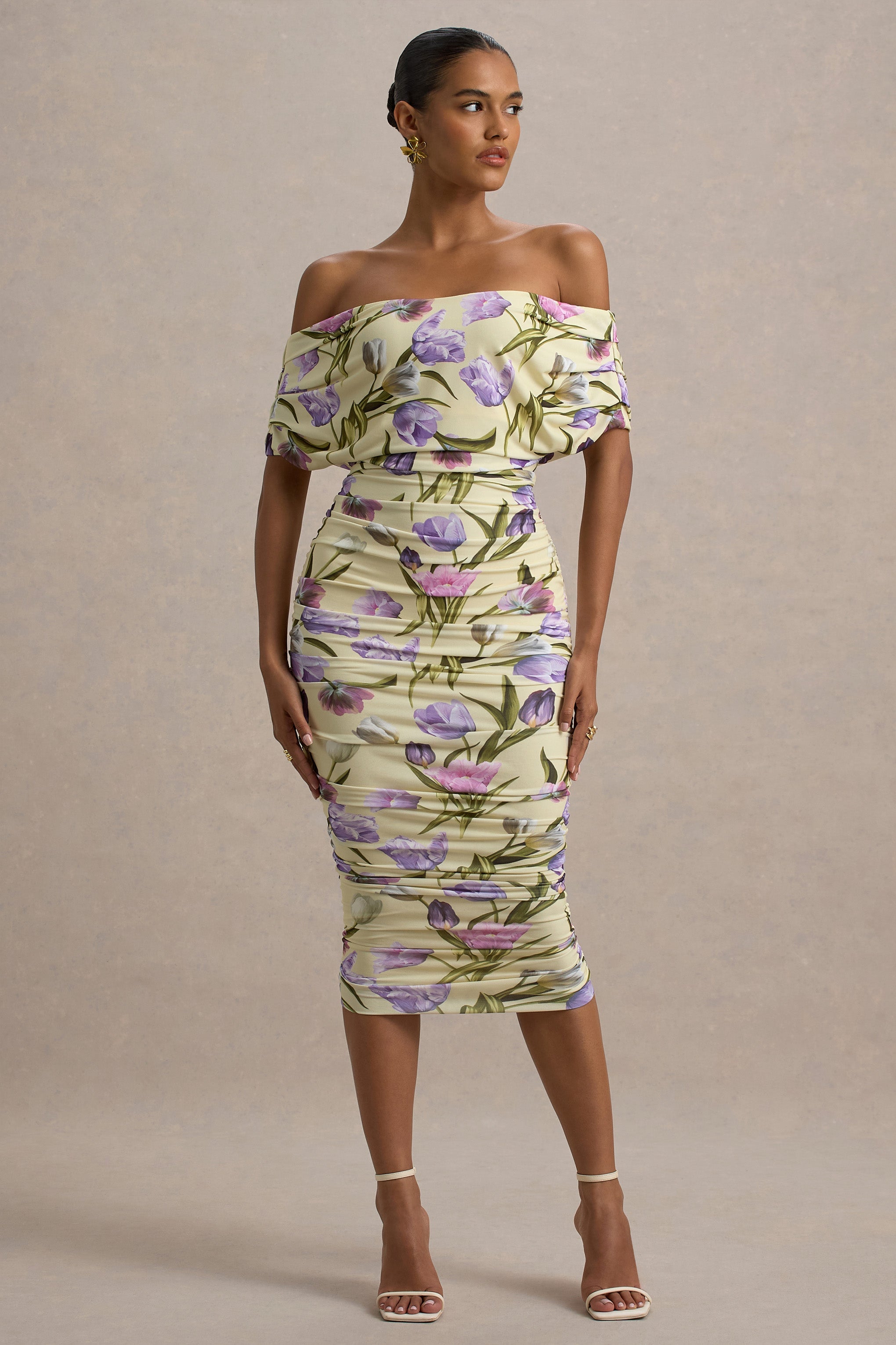 Rayleigh | Tulip Floral Print  Bardot Ruched Midi Dress