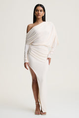 Olivia | Cream Asymmetric-Neck Maxi Dress With Ruched Detailing Asymmetric-Hem