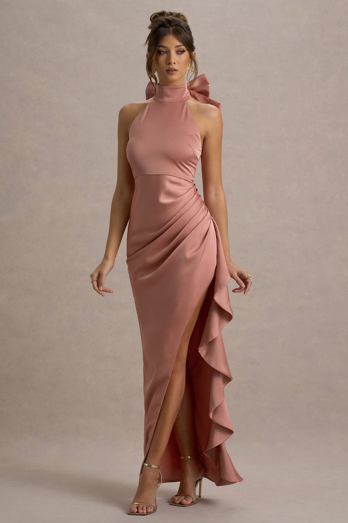 Maureen | Pink Satin High-Neck Draped Maxi Dress