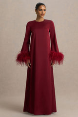 Adella | Burgundy Satin Feather-Trim Maxi Dress