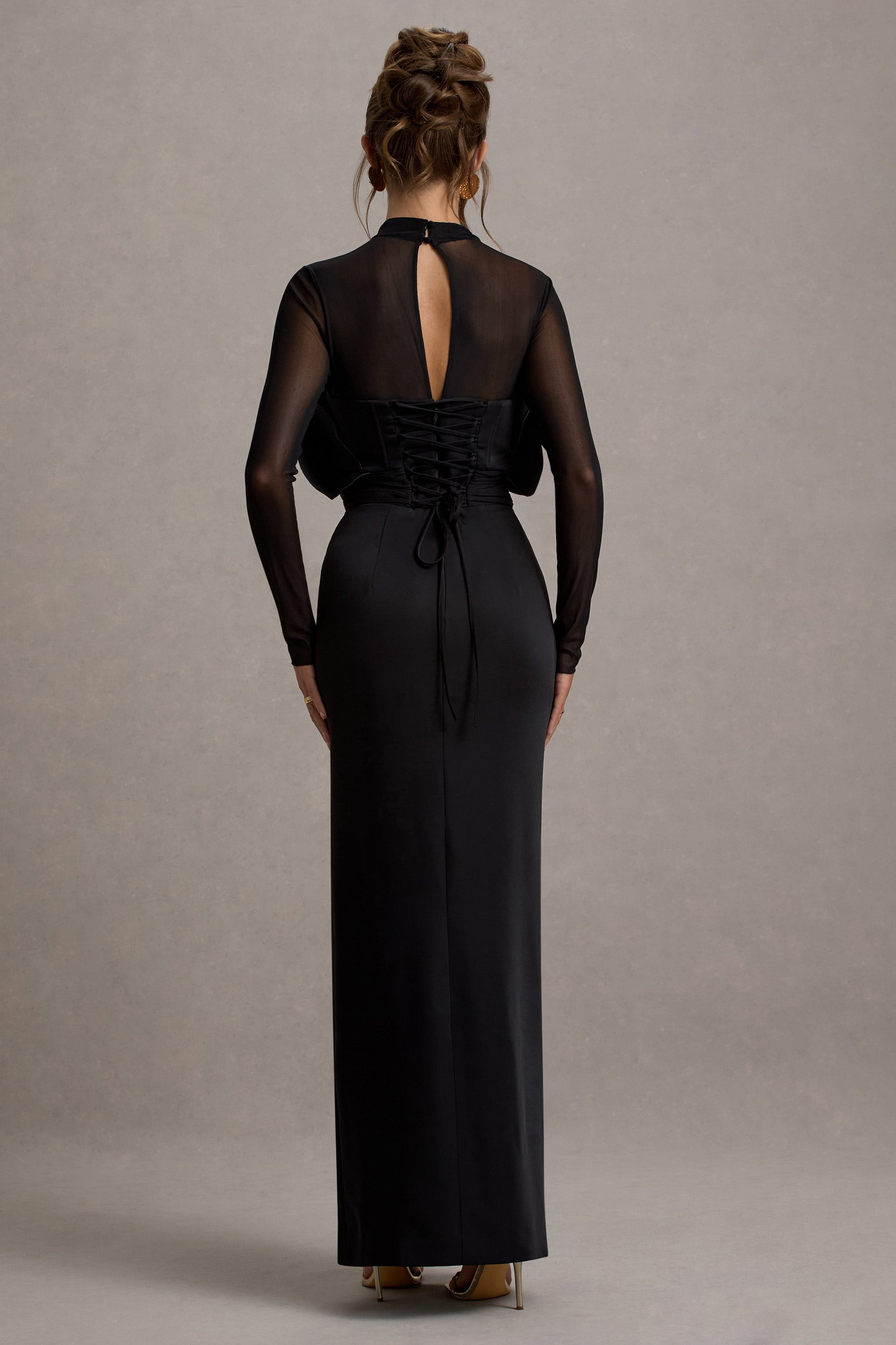 Alder | Black Mesh Long-Sleeve Ruffled Split Maxi Dress