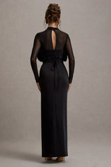 Alder | Black Mesh Long-Sleeve Ruffled Split Maxi Dress