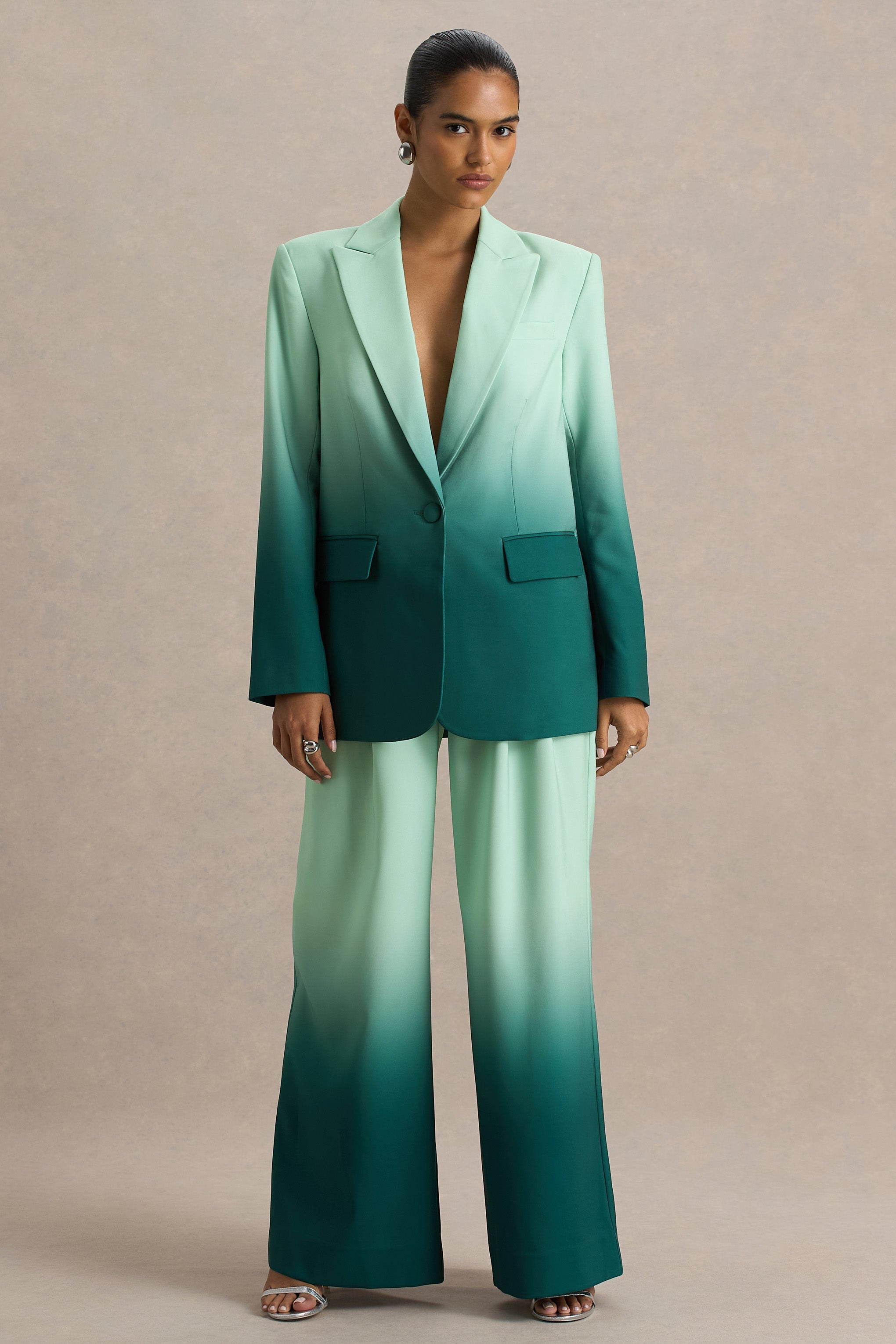Enya | Emerald Ombre Plunge-Neck Satin Blazer