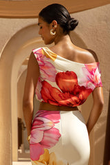 Lia | Large Multi Floral Print Asymmetric Crop-Top