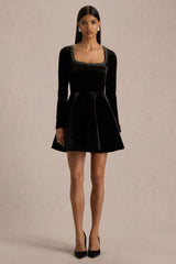 Beloved | Black Velvet Embellished Square-Neck Mini Dress