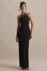 Dani | Black Hand-Embellished Halter-Neck Maxi Dress