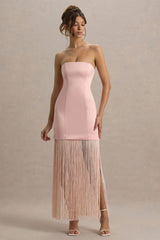 Trinity | Blush Pink Satin Bandeau Maxi Dress With Fringe