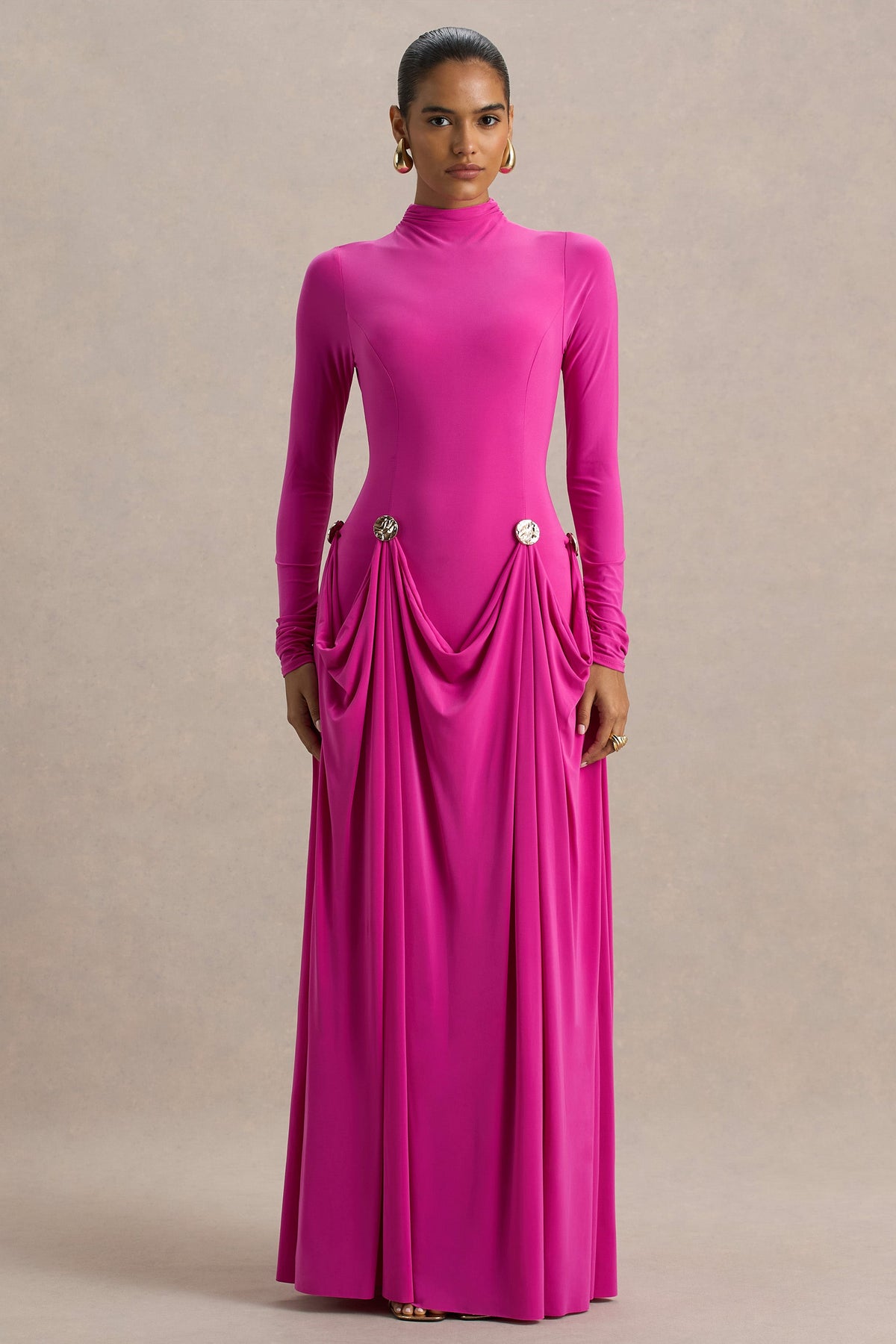 Caprice | Hot Pink High-Neck Maxi Dress With Embellished Details