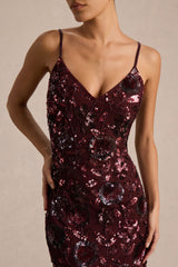 Gemini | Burgundy Floral Sequin Embellished Strappy Maxi Dress