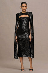 Adeline | Black Sequin Crew-Neck Midi Dress With Cape Sleeves