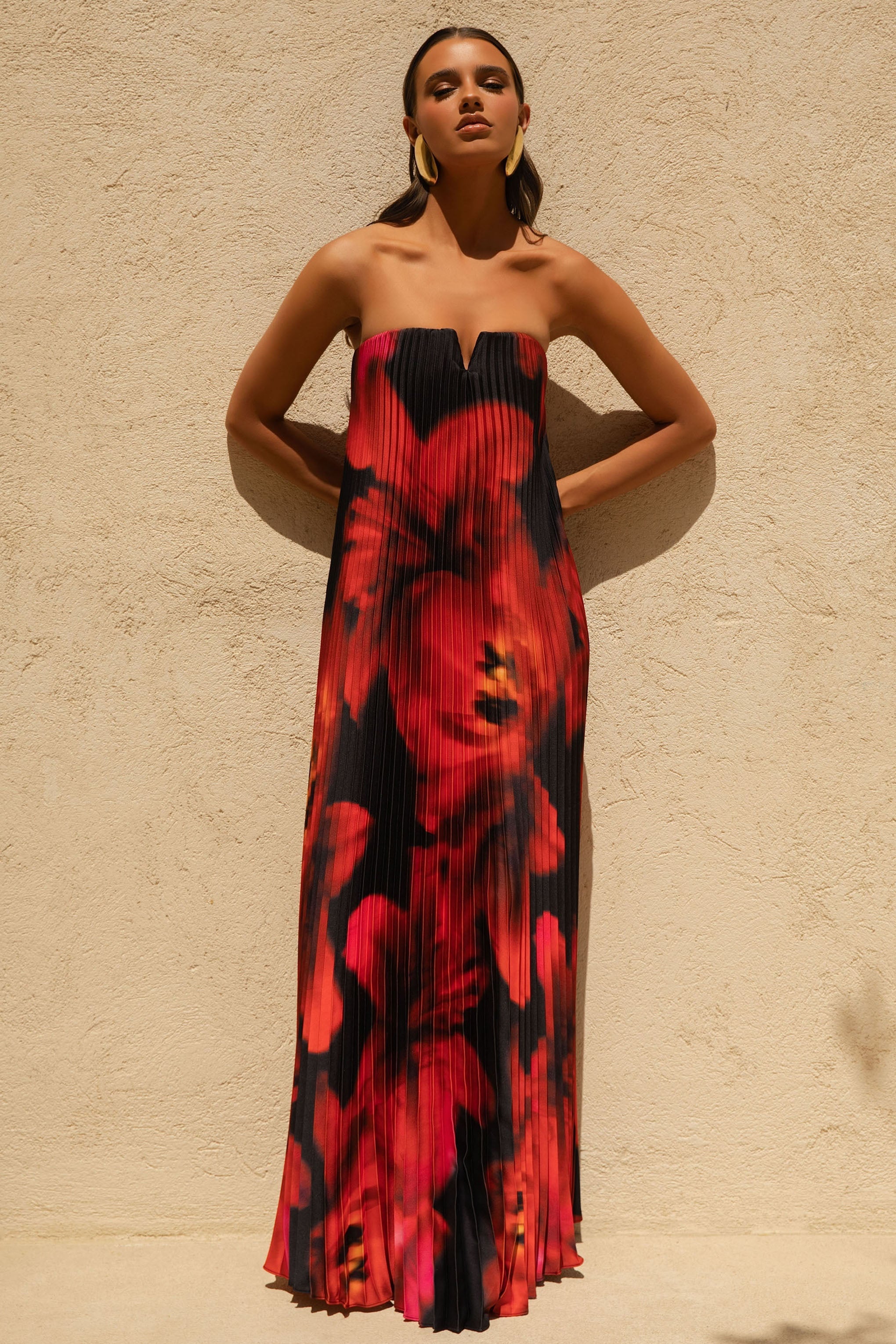 Bergamot | Black And Red Floral Print Satin Sweetheart Maxi Dress